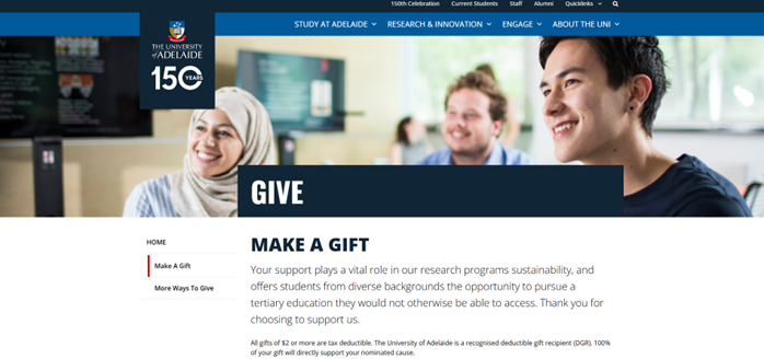Screenshot of Uni of Adelaide Give Page