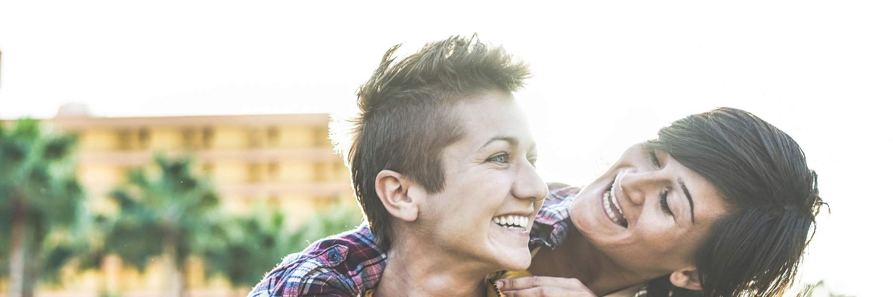 Lesbian couple happy and cuddling